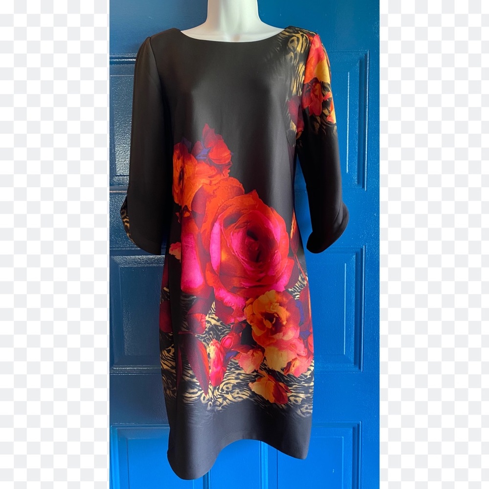 Julian Taylor Black Dress with Red and Orange Floral Design
